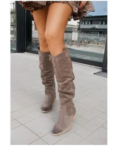 long women's boots Low Heel Side Zip Size 43 Suede Thigh High Women's Boots Retro Woman Booties Autumn Winter Knee High Boots