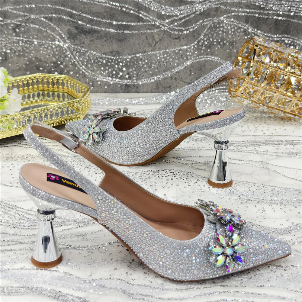 New Arrival African Women Shoes Decorated with Rhinestone Shoes for Women 2025 Designer Luxury Plus Size 43 Wedding Shoes Bride
