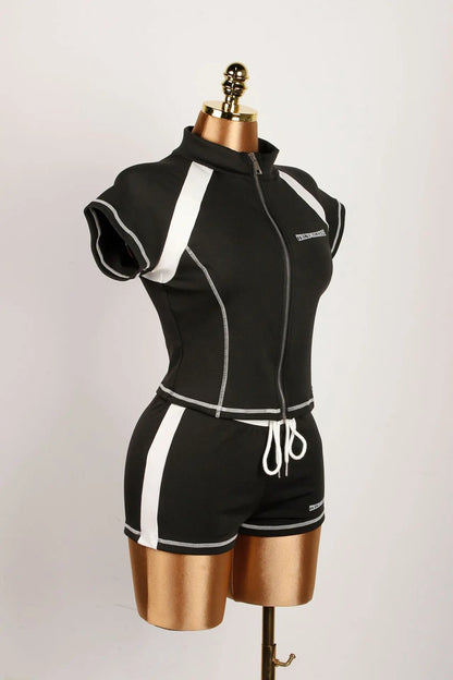2025 Summer European and American Street Spice Girl Style Zipper Cardigan Slim Casual Sports Short-sleeved T-shirt Top Set