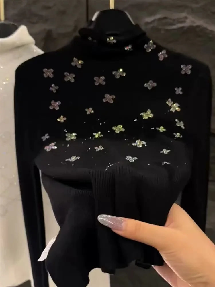 Luxury Style Diamonds Hot Drilling Turtleneck Slim Fit Black Sweater for Women Autumn/Winter Knitwear Pullovers Femme Clothing