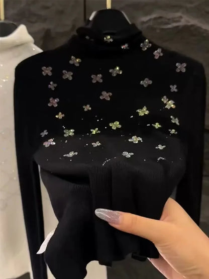 Luxury Style Diamonds Hot Drilling Turtleneck Slim Fit Black Sweater for Women Autumn/Winter Knitwear Pullovers Femme Clothing