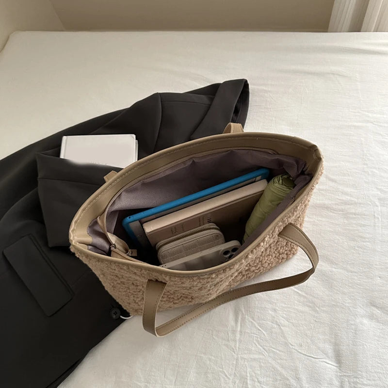 Soft Handbag Large Capacity Fall Winter Shoulder Bag Women Lamb Wool Tote Bag Zipper Closure Casual Shopping Traveling Tote