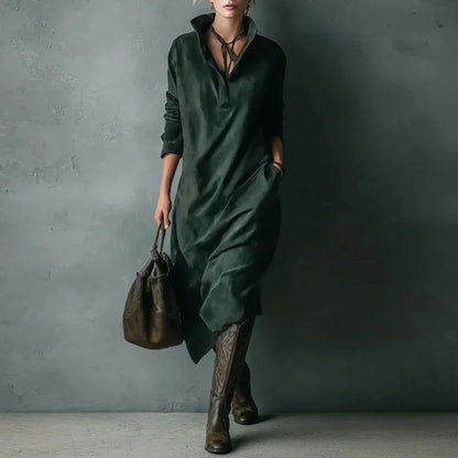 Vintage Solid Suede Female Clothing Autumn Fashion Turn-down Collar Button Pullover Dress Winter Long Sleeve Woman Party Dresses