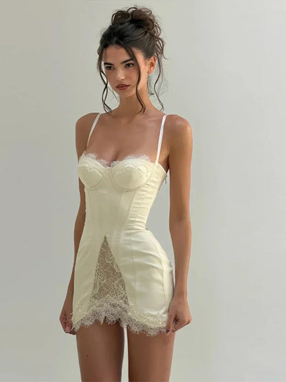 Women White Lace Trim Corset Mini Dress Sexy Sweetheart Neck Spaghetti Strap Slit Hem 2026 Summer Leisure Nightclub Party Wear
