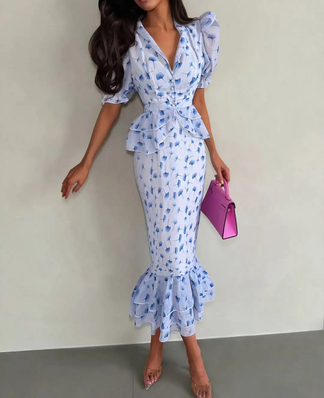 Printed V-neck Waist Cinched Pleated Dress Lapel Short Sleeve High Waisted Maxi Dresses Elegant Women's Summer New Vestidos