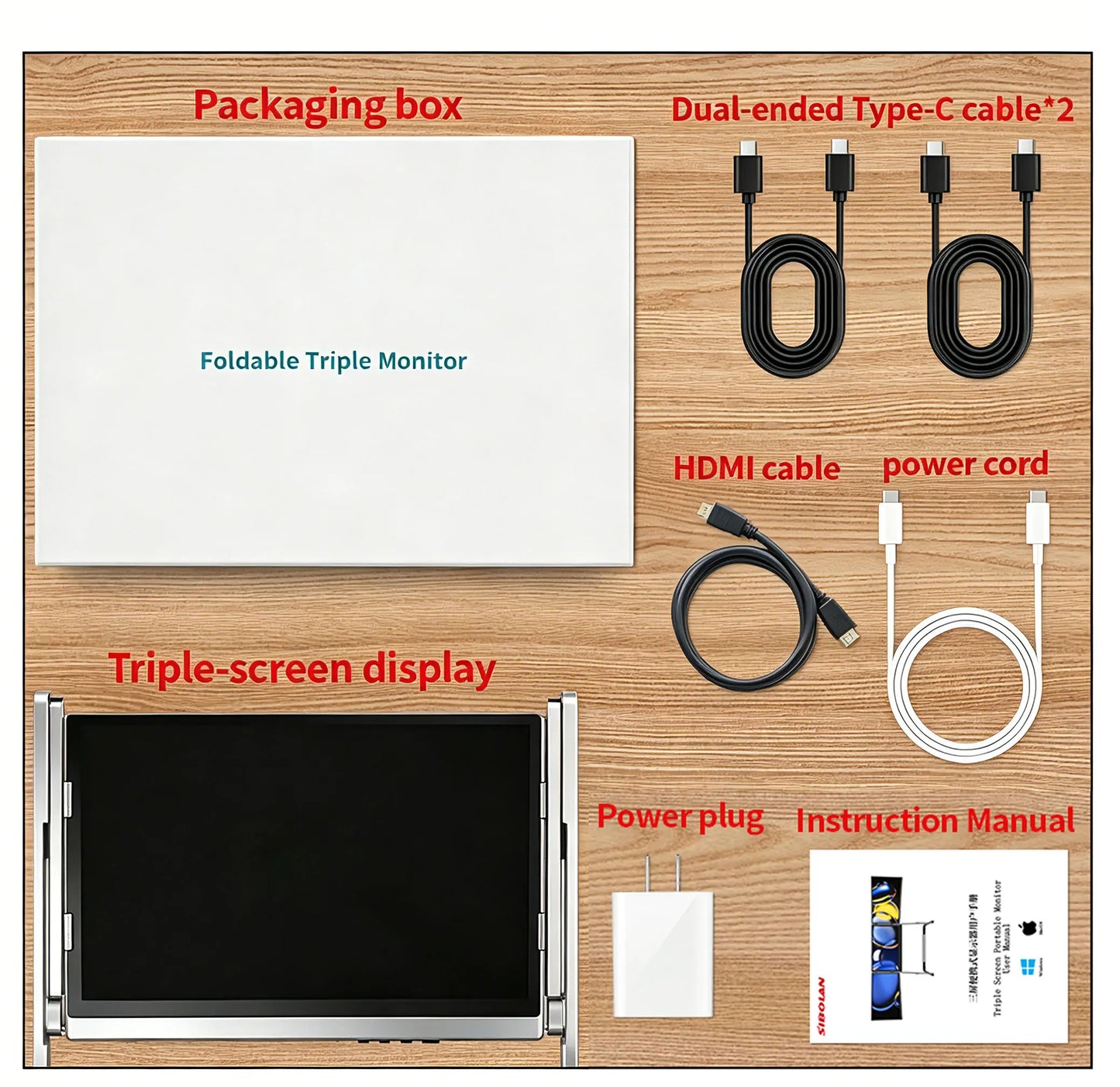 Sibolan 16" 2.5K Three Screen Portable Monitor 60Hz 100% sRGB Metal Body HDMI USB-C Plug Laptop Display Extender For Wins Mac OS