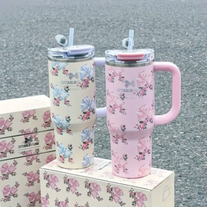 1pc 900ml Floral Print Stainless Steel Vacuum Insulated Tumbler with Straw,  Ice Cold Retention Cup,Birthday Gift for Women