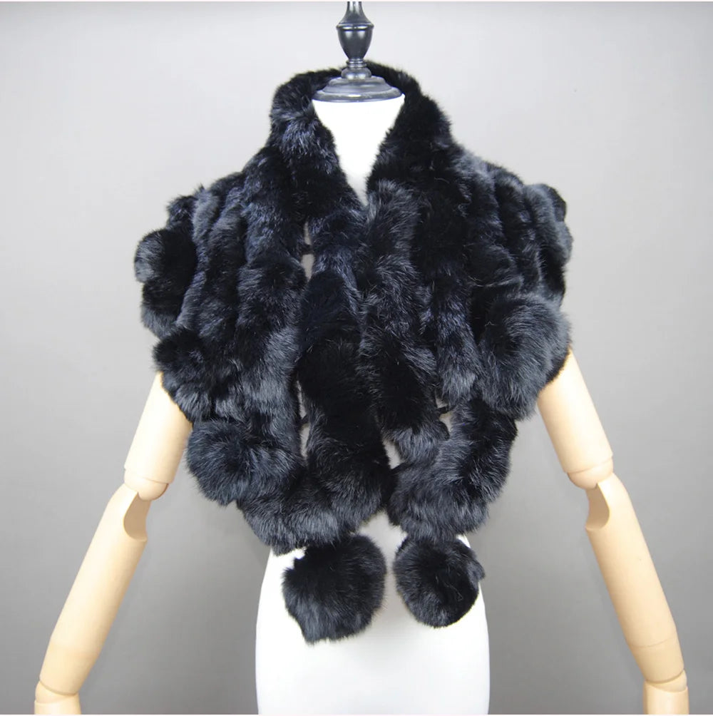 New Lady Winter Real Rabbit Fur Scarf Natural Warm Soft Rabbit Fur Shawl Women Fashion Outdoor Knit 100% Real Rabbit Fur Scarves