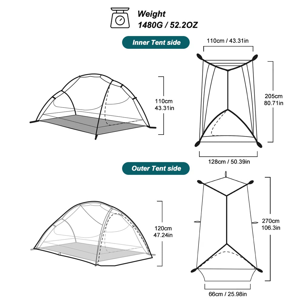 WIDESEA Outdoor Camping 1.5 person Double-Layer Fish Spine tent 15D Nylon Silicone-Coated  Lightweight for Hiking & camping