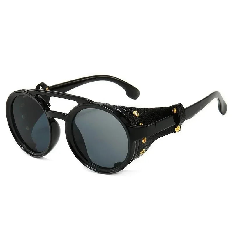 Steampunk Shields Sunglasses Men Women Classic SunGlasses With Side Leather Round Eyewear Pink UV400 Lens