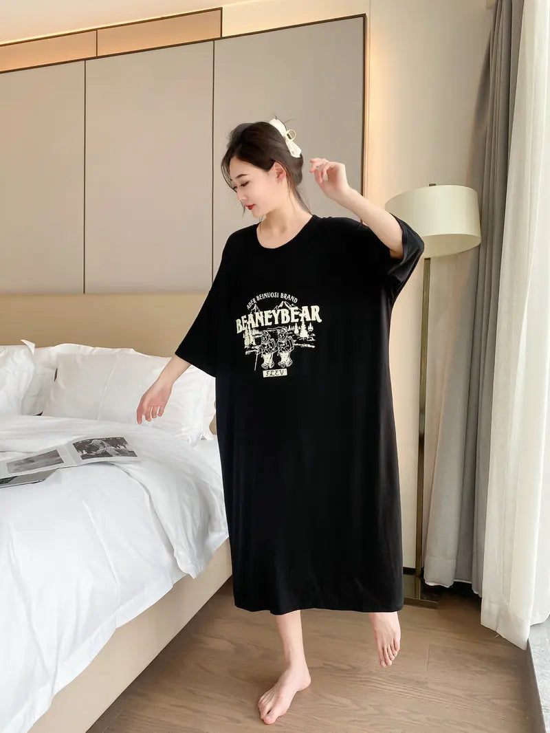 New Casual Sleepwear Woman Night Dress Lounge Home Wear Clothes Printed Short Sleeve Female Nightgowns Cotton Loose Nightshirt