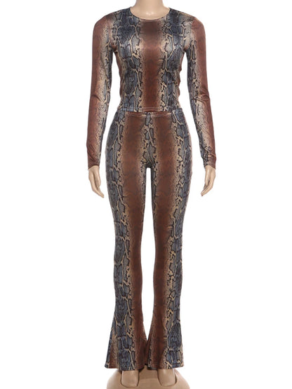 Kliou Serpentine Print 2 Piece Set Woman o-Neck Full Sleeve Tops+Skinny Peach Hip Long Pants Hot Girls Street Sexy Fashion Suits