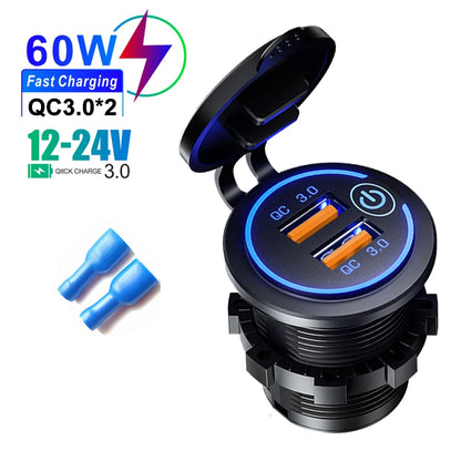 60W 2-port USB Fast Charging Socket Power Outlet Car Modified Charger QC3.0 With Touch Switch for Auto Motorcycle Accessories