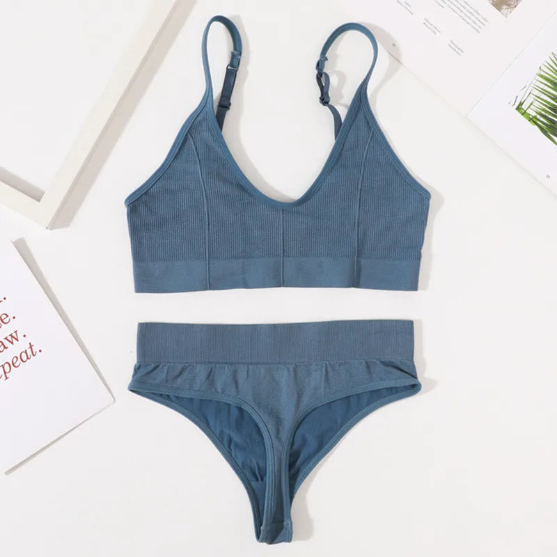 Women Bra Set Seamless Bra V Neck Tops High Waist Thongs Underwear Bralette Comfort Wire Free Brassiere Lingerie Set