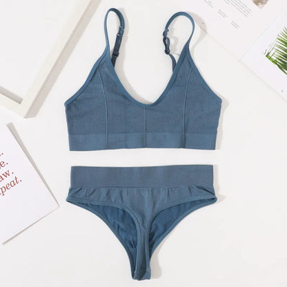 Women Bra Set Seamless Bra V Neck Tops High Waist Thongs Underwear Bralette Comfort Wire Free Brassiere Lingerie Set