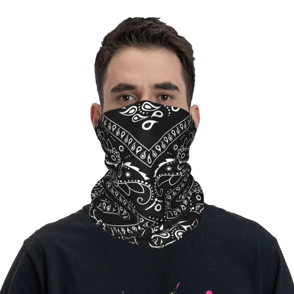 Custom Black Bandana Pattern Bandana Neck Gaiter for Hiking Cycling Women Men Wrap Scarf Paisley Style Headband Warmer