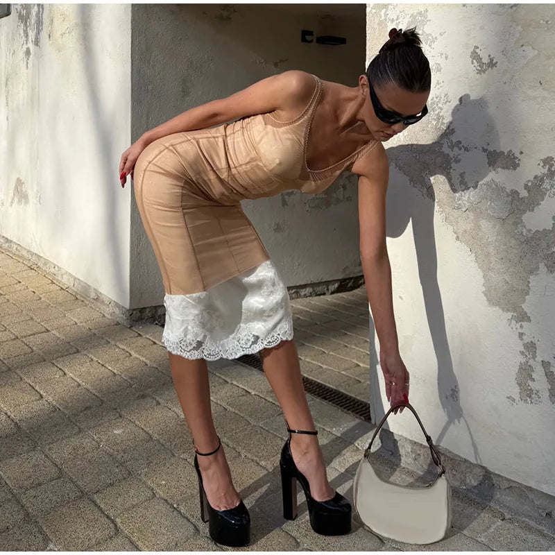 Sheer Mesh Overlay Lace Hem Slip Midi Dress Slim Spaghetti Strap 2026 Summer Elegant Women Bodycon Dress Trendy Date Lady Gown