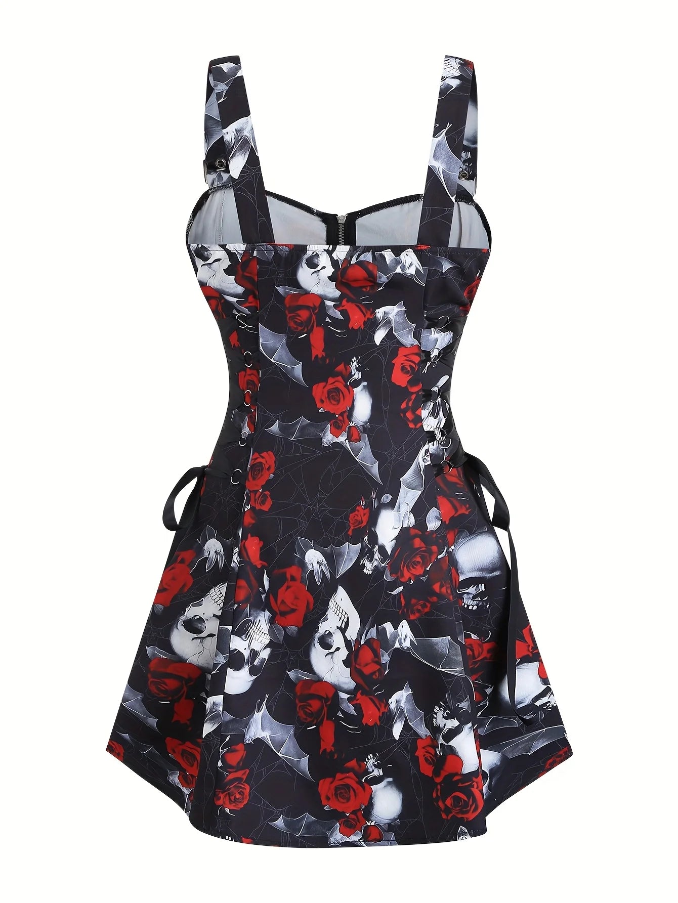 European and American trend oversized ladies slimming shoulder strap zipper full print skull pattern dress
