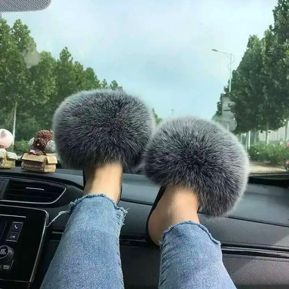 Fur Slippers Women Summer Fluffy Plush Casual Fluffy Flat Non-Slip Real Fox Fur Slides Outdoor Flat Ladies Sandals Flip Flops