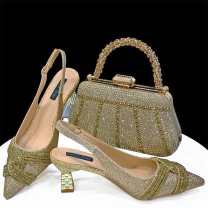 Venus Chan 2024 Special Design High Quality Orange Color African Women Shoes and Bag Set with Shinning Crystal for Wedding Party