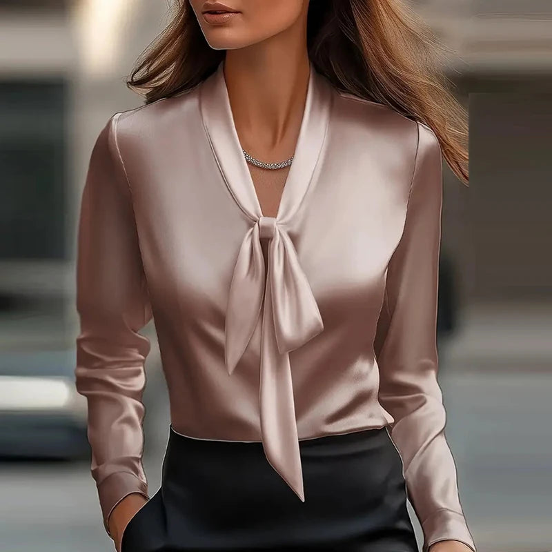 Satin Long Sleeve Shirt Women Elegant Slik Tops Female Solid Color Office Blouse For Women Spring Autumn Pullover