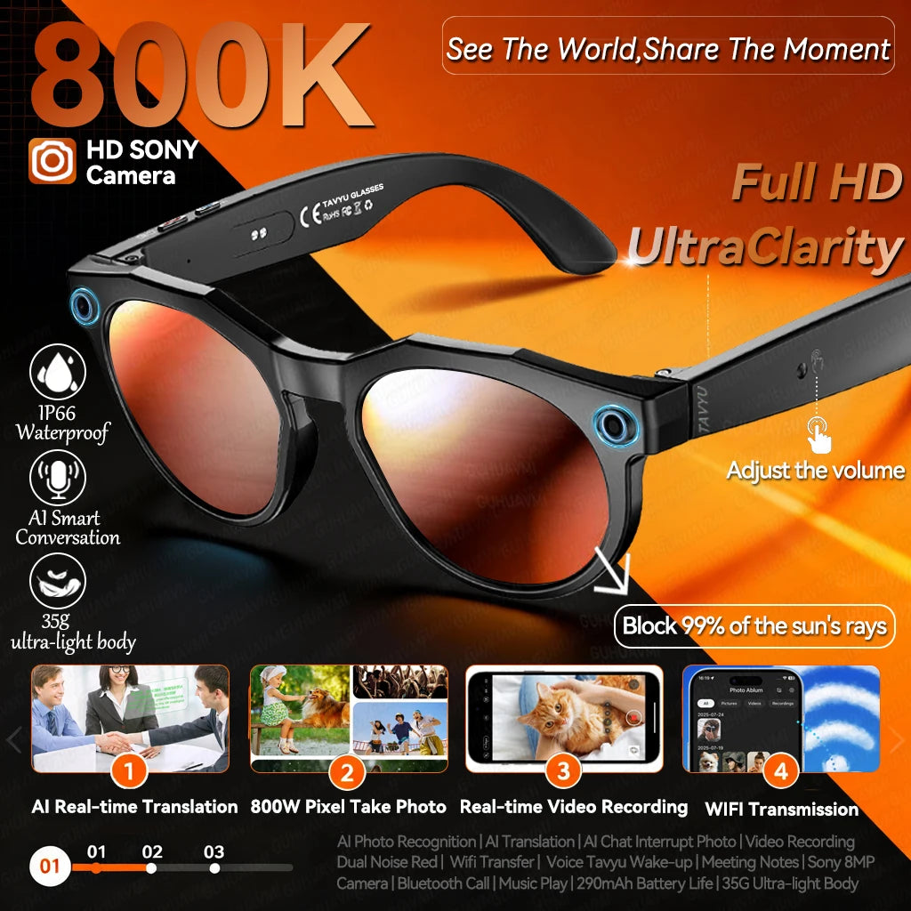 AI Smart Glasses 800W Pixel 4K HD Camera Recording Sunglasses Call WIFI Transmission Voice Assistant Smart Translation Glasses