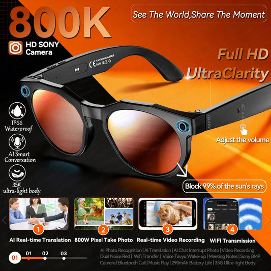 AI Smart Glasses 800W Pixel 4K HD Camera Recording Sunglasses Call WIFI Transmission Voice Assistant Smart Translation Glasses