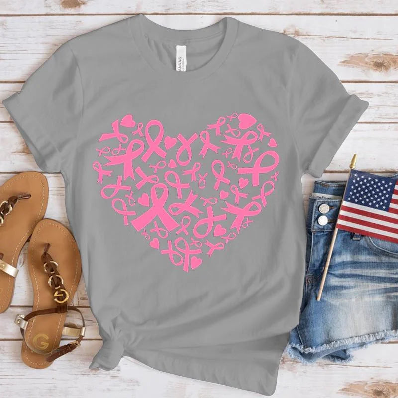 New Breast Cancer Awareness Heart Print T-Shirt Men Women Fashion Short Sleeve Casual Summer Tops Tees