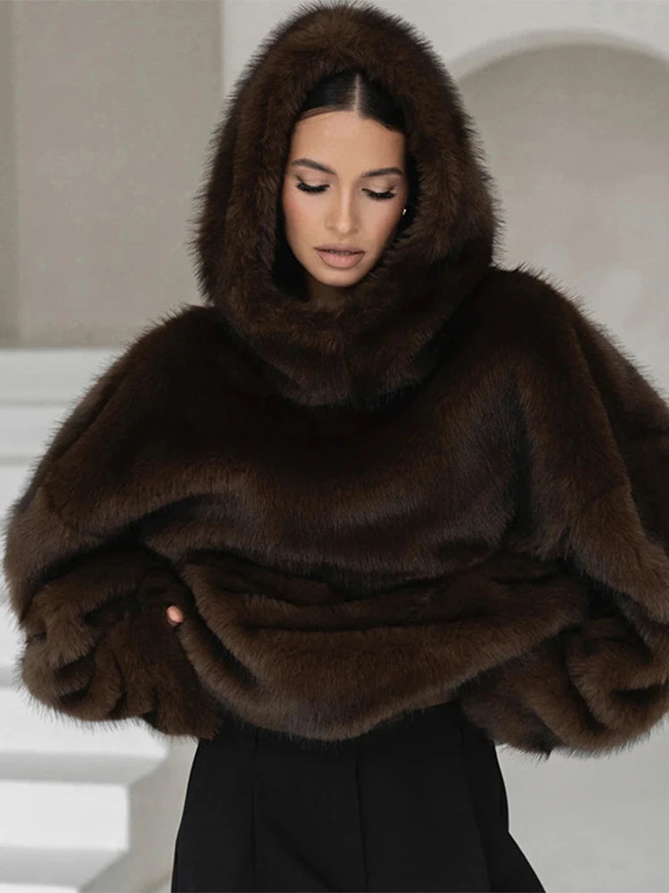 Luxury Faux Fur Hooded Pullovers Women's Loose Full Sleeve Stand Collar Pocket Coats 2025 New Autumn Winter Ladies Solid Outwear