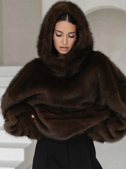 Luxury Faux Fur Hooded Pullovers Women's Loose Full Sleeve Stand Collar Pocket Coats 2025 New Autumn Winter Ladies Solid Outwear