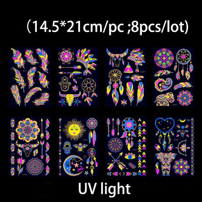 Luminous Temporary Tattoos Stickers Fluorescent Neon In Dark Illuminate Tattoo Elephant/Love Heart Shoulder Tattoo Party Sticker