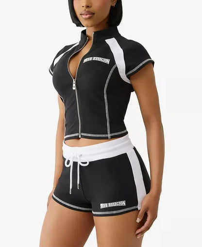 2025 Summer European and American Street Spice Girl Style Zipper Cardigan Slim Casual Sports Short-sleeved T-shirt Top Set