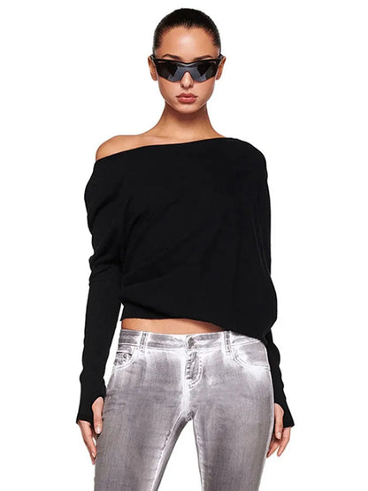 Sexy Elegant Long Sleeves Top Irregular One Shoulder Women Tops T Shirt Birthday Party Club Date Casual Office Clothes