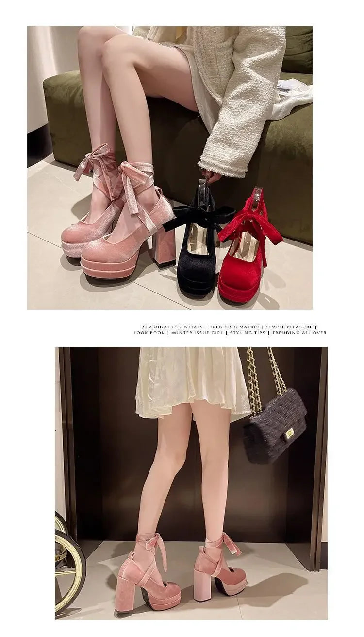 Platform Mary Janes Shoes Women Suede Luxury High Heel Lace Up Trend Lolita Shoes Elegant Chunky Party Pumps Zapatos De Mujer