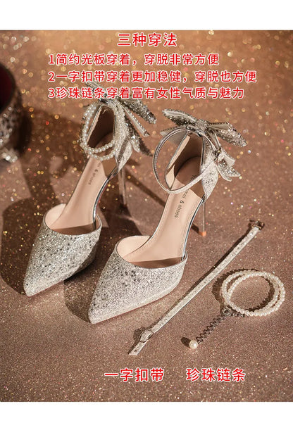 Shiny Glitter Bow Pearl Chain High Heels Wedding Banquet Dress Wedding Shoes Women's Shoes