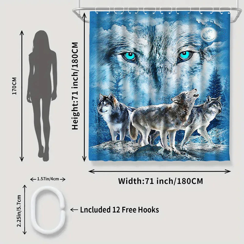 1/4 Wolf eyed wolf shower Curtains, Toilet Seat Decoration, Shower Curtain with Carpet and Toilet Lid, 12 70.8x70.8 inch Hooks