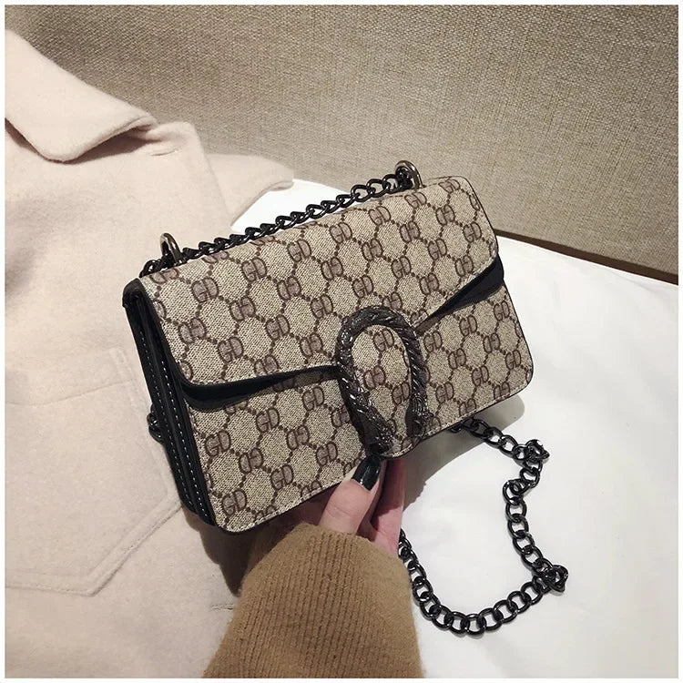 Fashionable Mini Printed Chain Women's Bag Crossbody Shoulder Bag Soft PU Leather Square Shape Bag with Phone Pocket