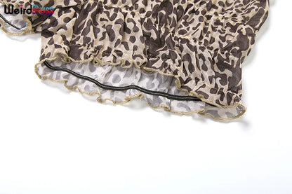Weird Puss Leopard Print Women 2 Piece Set Sexy See Through Summer Ruffles Camisole+Shorts Vacation Matching Clubwear Outfits