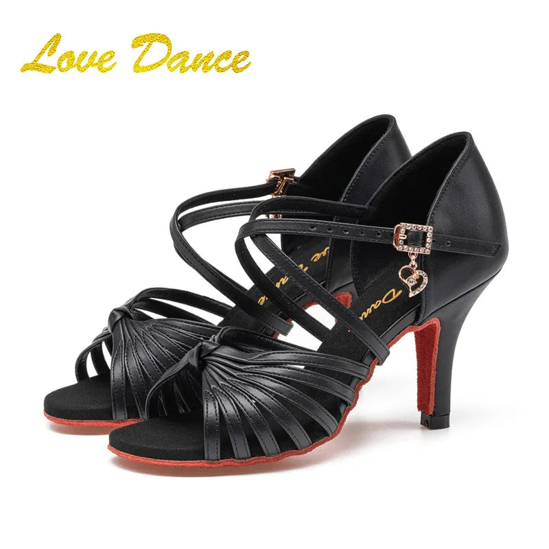 SW Latin Dance Premium Professional Women's Black Dance Shoes with Red Sole for Ballroom, Competition, Rumba & Cha-Cha Practice