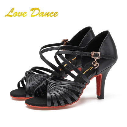 SW Latin Dance Premium Professional Women's Black Dance Shoes with Red Sole for Ballroom, Competition, Rumba & Cha-Cha Practice