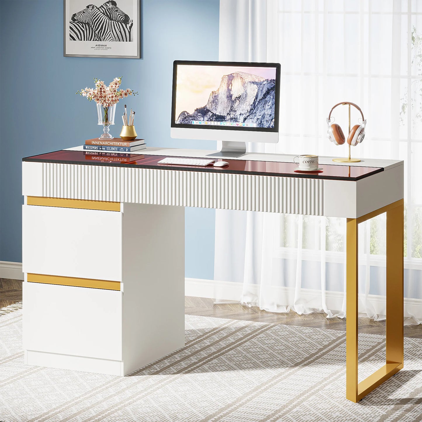 Tribesigns Computer Desk with 4 Drawers, 47 Inch Modern Home Office Desk with Glass Top, White and Gold Writing Workstation Desk