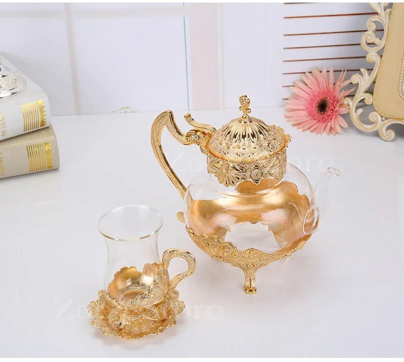 Palace Golden Glass Teapot Kitchen Metal Cold Kettle Coffee Pot European Style Home Decoration Glassware Birthday Wedding Gifts