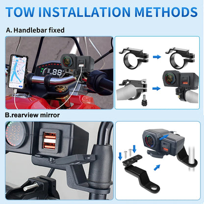 60W Motorcycle QC3.0 PD Charger Socket USB Type-C Fast Charging Motorcycle Charger Plug Voltmeter Thermometer Digital Display