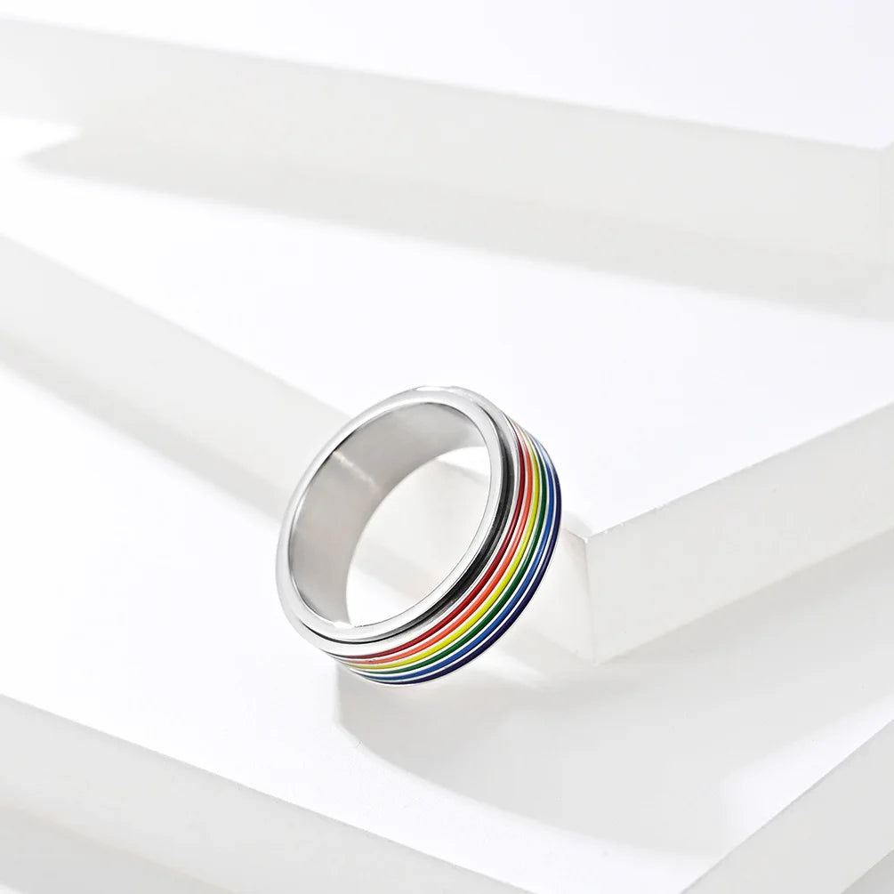 Rainbow Color Anxiety Rings For Women Men Stainless Steel Rotate Freely Fidget Spinning LGBT Pride Ring Accessories Jewelry