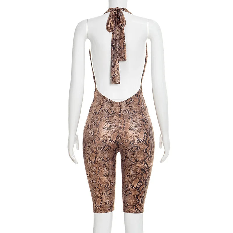 FAGADOER Sexy Python Print Patchwork Bodycon Jumpsuits Woman Halter Deep V-neck Backless Rompers Female Streetwear Overalls New