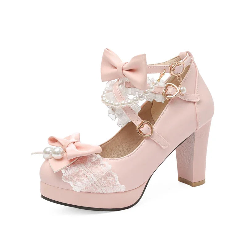 Cross Strap Women High Heels Mary Jane Pumps Party Wedding Cosplay White Pink Black Strawberry Bow Princess Cosplay Lolita Shoes