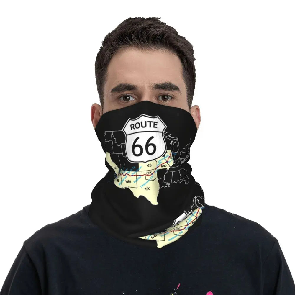 Custom Travel Motorcycle Ride Route 66 Bandana Winter Neck Warmer Windproof Wrap Face Scarf for Hiking Highways Gaiter Headband