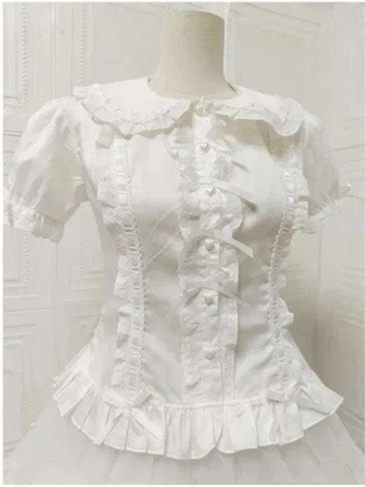Summer Japanese Lolita Sweet Girls Short-sleeved Tops Women Goth Lace Bow Shirt Single-breasted Blouse Doll Collar Slim Tees New