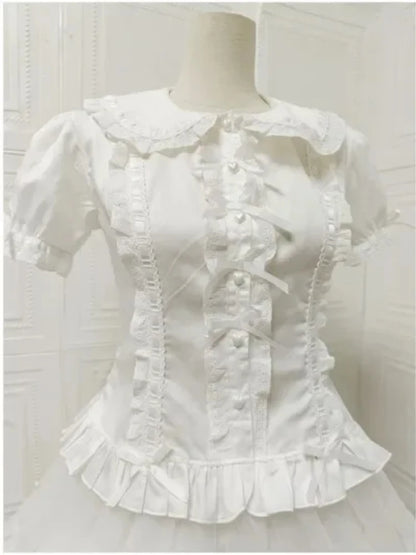 Summer Japanese Lolita Sweet Girls Short-sleeved Tops Women Goth Lace Bow Shirt Single-breasted Blouse Doll Collar Slim Tees New