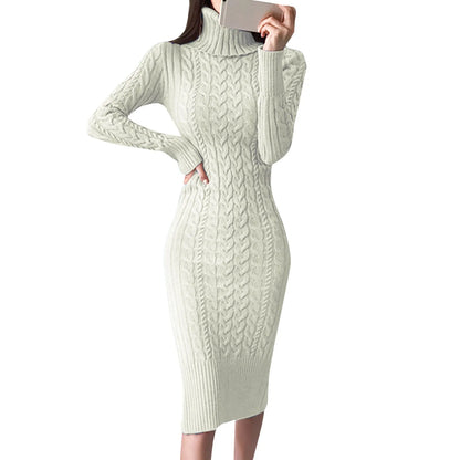 Autumn Winter Women Sweater Dresses Long Sleeve Turtleneck Dress Ladies Solid Color Knitted Bodycon Midi Dress Jumper Dresses